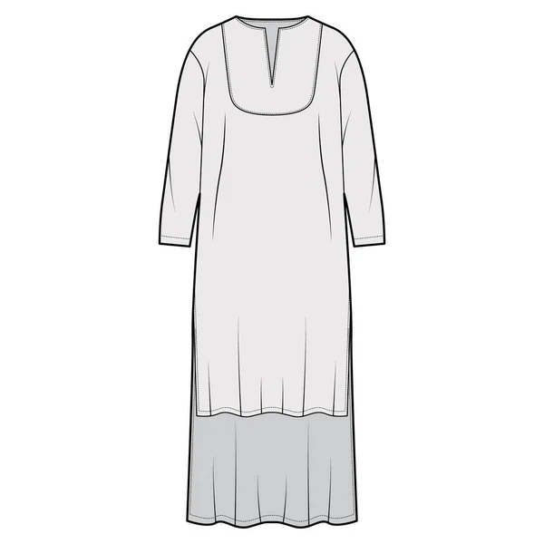 Túnica cadi vestido ilustración técnica de moda con cuello kaftan, mangas largas, alta-baja longitud, ropa de ajuste relajado — Vector de stock