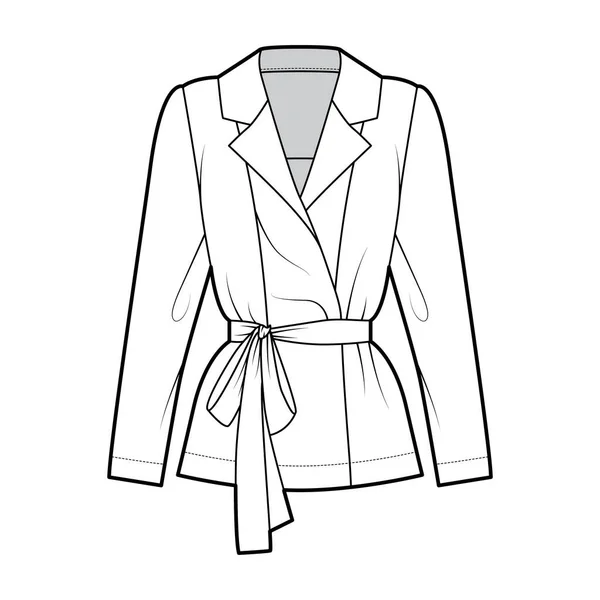 Gordel dubbele borst wrap shirt technische mode illustratie met ontspannen pasvorm puntige inkeping kraag, lange mouwen — Stockvector