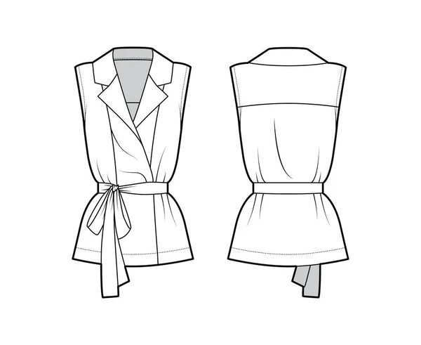 Chemise à double boutonnage ceinturée illustration technique de mode avec col pointu coupe décontractée, sans manches — Image vectorielle