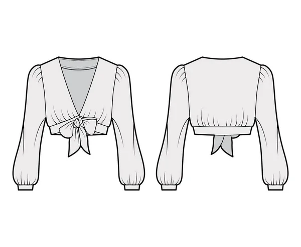 Ilustración técnica de moda con mangas largas voluminosas, escote hundido. Blusa plana — Vector de stock