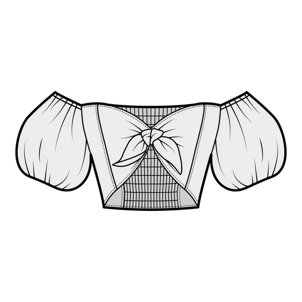 Tie-Front abgeschnittenes schulterfreies Oberteil technische Mode-Illustration mit Schleife detaillierte Front, geschwollene Blousonärmel — Stockvektor