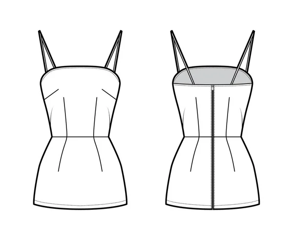 Camisole slip top illustration de mode technique avec bretelles spaghetti, coupe slim, ourlet allongé, fermeture zip arrière — Image vectorielle
