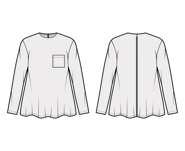 Boyfriend-Shirt technische Modeillustration mit Tasche, Rundhalsausschnitt, lange Ärmel, Übergröße, Schlagsaum, Reißverschluss — Stockvektor