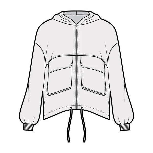 Zip-up hooded paneled track jacket technical fashion illustration with utility flap pockets, oversized, long sleeves, — Stock Vector