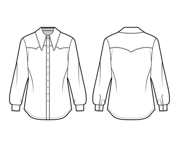Západem inspirovaná košile technické módní ilustrace s dlouhými rukávy s manžetou, zapínání předních knoflíků, špičkový límec — Stockový vektor