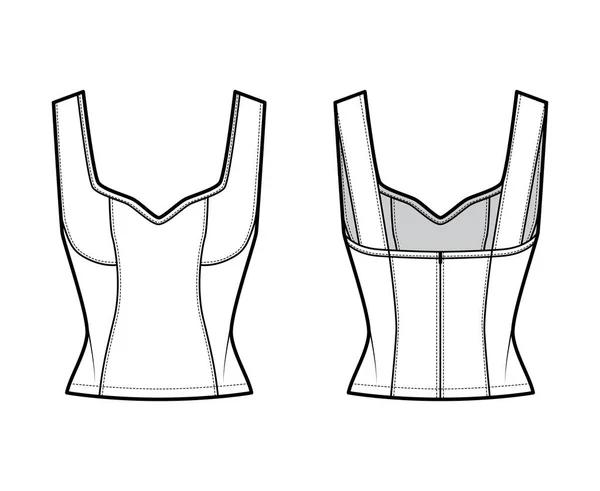 Top illustrazione tecnica di moda in stile corsetto con scollatura Jewel, vestibilità stretta, chiusura posteriore con zip nascosta — Vettoriale Stock