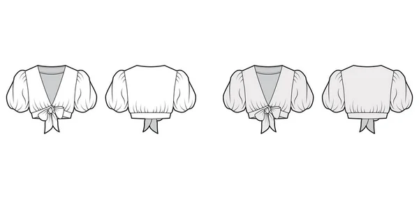 Tie-front cropped shirt technische mode illustratie met volumineuze korte bladermouwen, dompelende halslijn Platte blouse — Stockvector