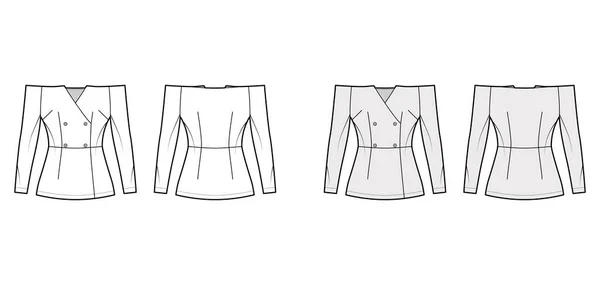 Ilustración de moda técnica superior de doble pecho fuera del hombro con silueta ajustada, mangas largas, apertura de botón — Vector de stock