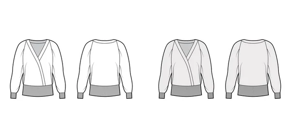 Wrap-Effekt Pullover technische Mode Illustration mit entspannter Passform, lange Ärmel, Rippstrickleisten. Flacher Pullover — Stockvektor