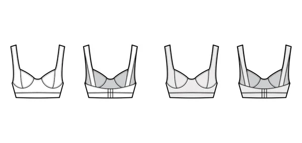 Ilustração de moda técnica superior bustier recortada jóia com alça de ombro larga, copos moldados curvos, ajuste próximo. — Vetor de Stock