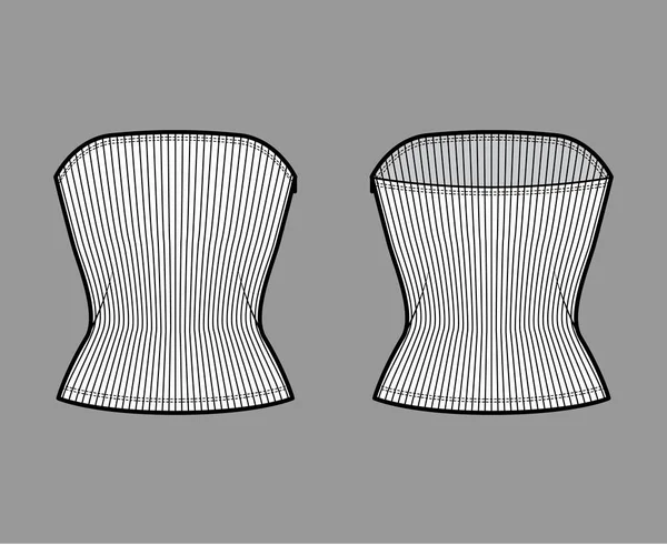 Ilustração de moda técnica superior tubo com nervuras com fecho de correr lateral, corpo equipado, decote redondo, ajuste fino. Topo plano — Vetor de Stock