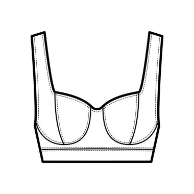 Geniş omuz kayışı, kıvrımlı fincanlar, yakın uyum ile mücevher kırpılmış büstiyer üst moda illüstrasyonu.