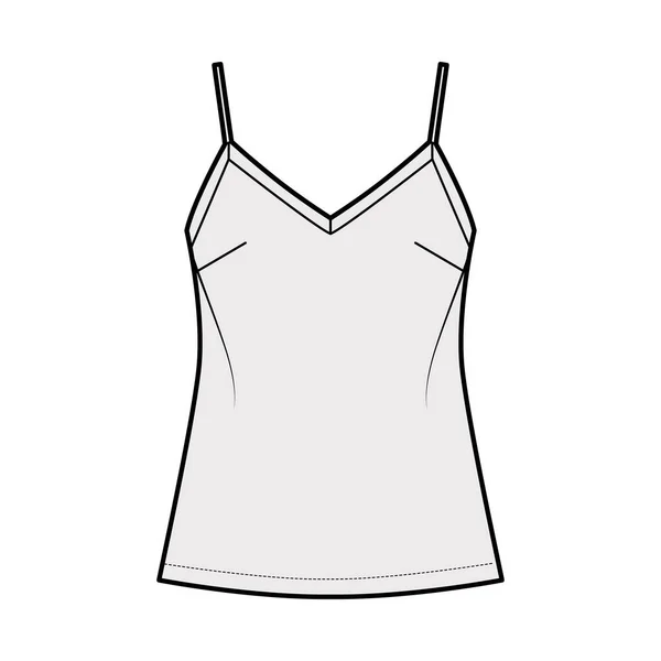 Camisole ilustracja mody technicznej z V-neck, paski spaghetti, zrelaksowany fit, długość tuniki. Płaski zbiornik na bieliznę — Wektor stockowy