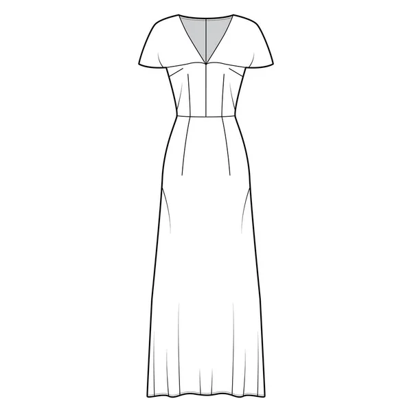 Ilustração de moda técnica de vestido longo com decote em V, mangas curtas de efeito de capa, comprimento do chão do ancle, plenitude A-line — Vetor de Stock