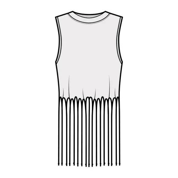 Fringed cotton-jersey top technical fashion illustration with scoop neck, sleeveless, above-the-knee length, oversized — Stock Vector