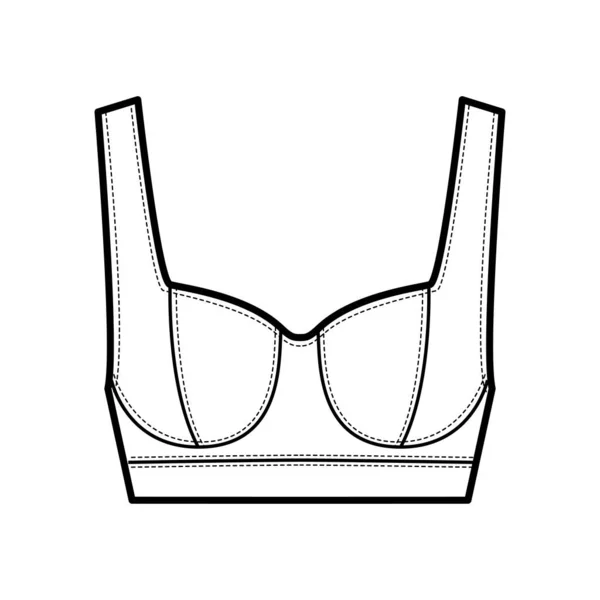 Коштовні обрізані верхня технічна ілюстрація моди з широким плечовим ременем, вигнуті форми чашок, близька посадка . — стоковий вектор