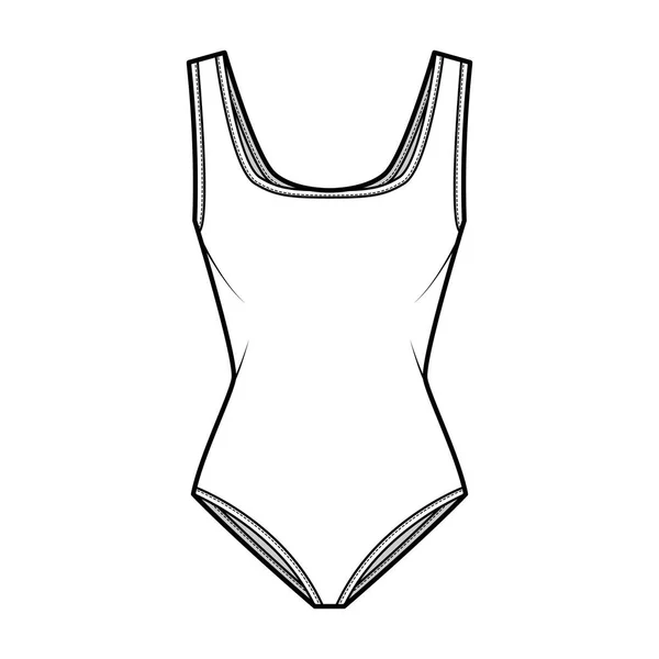 Stretch bodysuit ilustração de moda técnica com decote quadrado, tiras largas, cobertura breve médio. Plana de uma peça —  Vetores de Stock