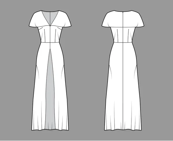 Topp teknisk mode illustration med djup V-ringning, cape-effekt korta ärmar, lång split A-line kjol ancle längd — Stock vektor