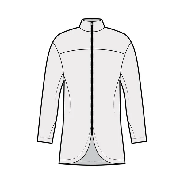 Zip-up camisa técnica moda ilustração com ajuste relaxado, decote alto, de volta em torno de jugo, frente, mangas compridas. — Vetor de Stock