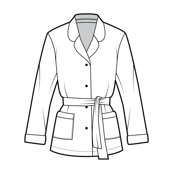 Belted πυτζάμα στυλ περιτύλιγμα πουκάμισο τεχνική εικόνα μόδας με στρογγυλεμένες εγκοπή γιακά, μακριά μανίκια, τετραγωνικές τσέπες — Διανυσματικό Αρχείο