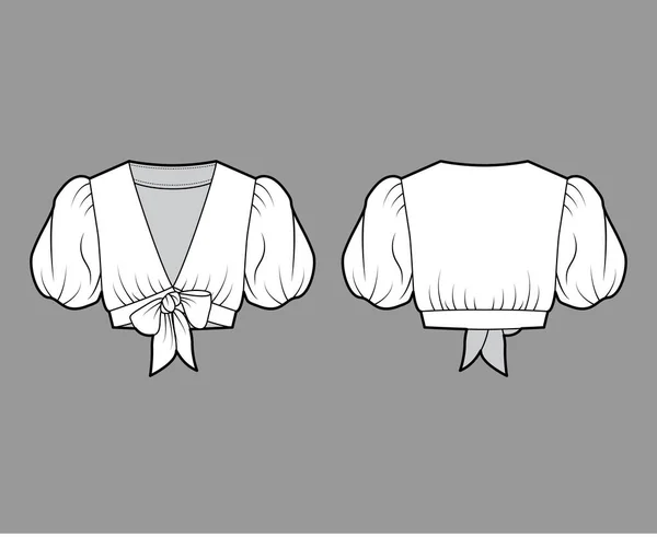 Camisa de gravata frontal recortada ilustração de moda técnica com volumosas mangas curtas de sopro, decote de mergulho blusa plana — Vetor de Stock