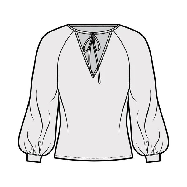 Krawattendetailreiche Dekolleté-Bluse technische Modeillustration mit langen Raglanärmeln, überdimensionaler, länglicher Saum. — Stockvektor