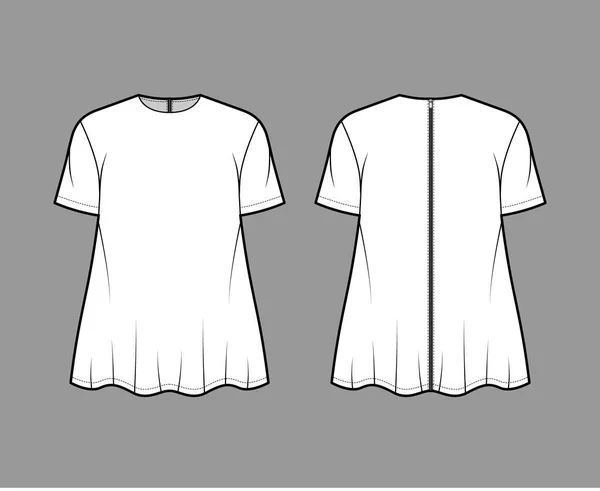 Camisa de novio ilustración técnica de moda con cuello redondo, mangas cortas, sobredimensionado, dobladillo llamarada, cierre de cremallera — Vector de stock