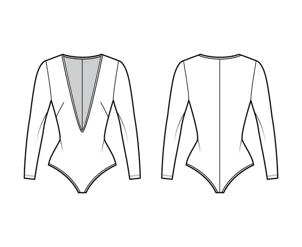 Ilustração técnica da forma do bodysuit do estiramento-jersey com mergulho V-neck, mangas longas, fecho de correr traseiro que fixa uma peça —  Vetores de Stock