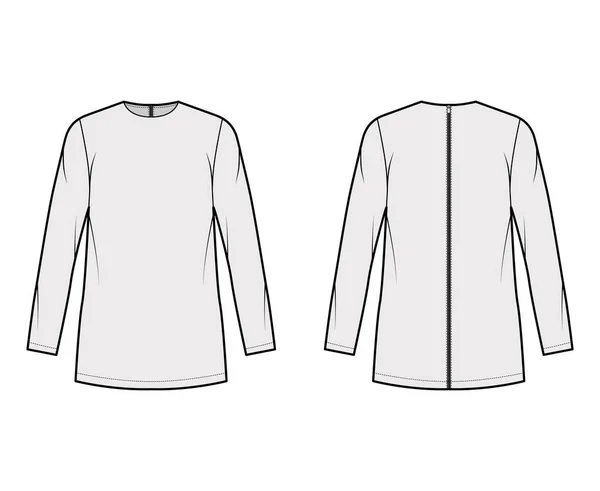 Cady Tunika technische Mode Illustration mit Rundhalsausschnitt, lange Ärmel, überdimensioniert, Reißverschluss hinten, länglicher Saum — Stockvektor