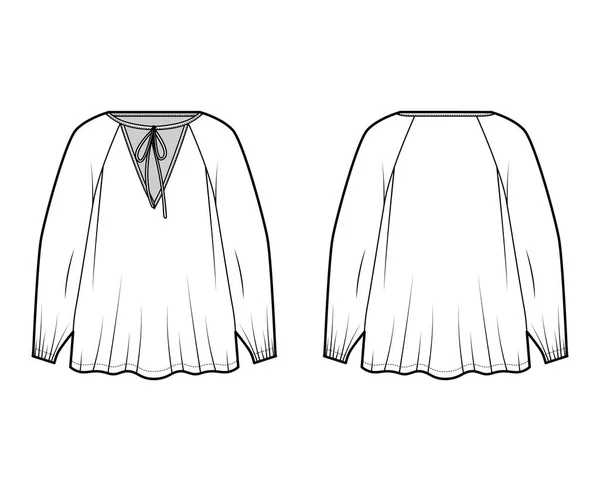 Blusa de escote detallada corbata ilustración de moda técnica con mangas largas raglán, dobladillo llamarada alargada de gran tamaño — Vector de stock
