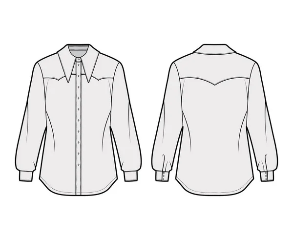 Техническая модная иллюстрация рубашки в западном стиле с длинными рукавами с манжетами, застежкой на передней кнопке, воротником — стоковый вектор