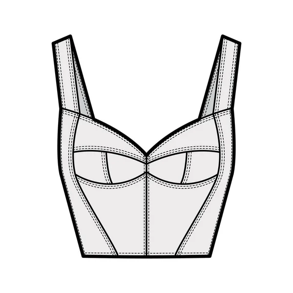 Bustier top technické módní ilustrace s korzetem-styl silueta, tvarované poháry, zblízka fit, zapínání na zip — Stockový vektor