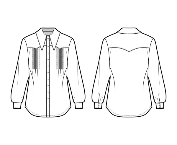 긴 소매, 단추 고정, 과도 한 칼라를 갖춘 서부 영감의 셔츠 기술 패션 일러스트 — 스톡 벡터