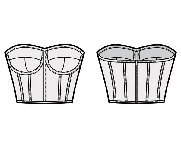 Corset-style bustier κορυφαία τεχνική απεικόνιση μόδας με φορμαρισμένα φλιτζάνια, στενή εφαρμογή, πίσω φερμουάρ στερέωσης, περικοπή μήκους — Διανυσματικό Αρχείο