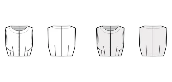 Beskuren topp teknisk mode illustration med nära passform, oval hals, midja längder, främre blixtlås fästning. Platta kläder — Stock vektor