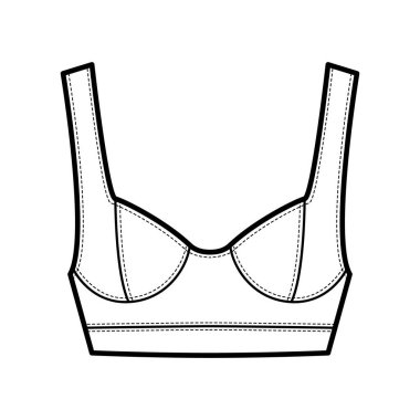 Geniş omuz kayışı, kıvrımlı fincanlar, yakın uyum ile mücevher kırpılmış büstiyer üst moda illüstrasyonu.