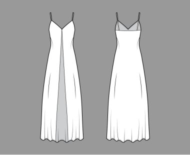 V yakalı, ön düğmeli, maksimum bilek uzunluklu, gevşek şekilli Camisole teknik tasviri. Düz