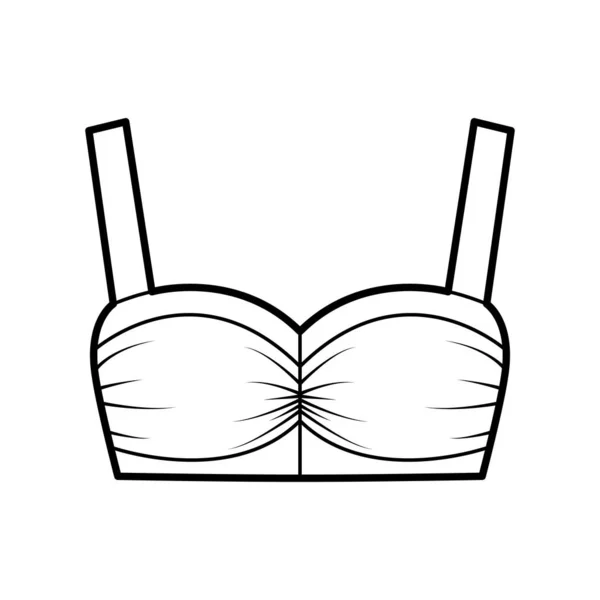 Cropped BH Top technische Mode Illustration mit femininem Herzausschnitt, sanft geraffte Büste, breite Träger. — Stockvektor
