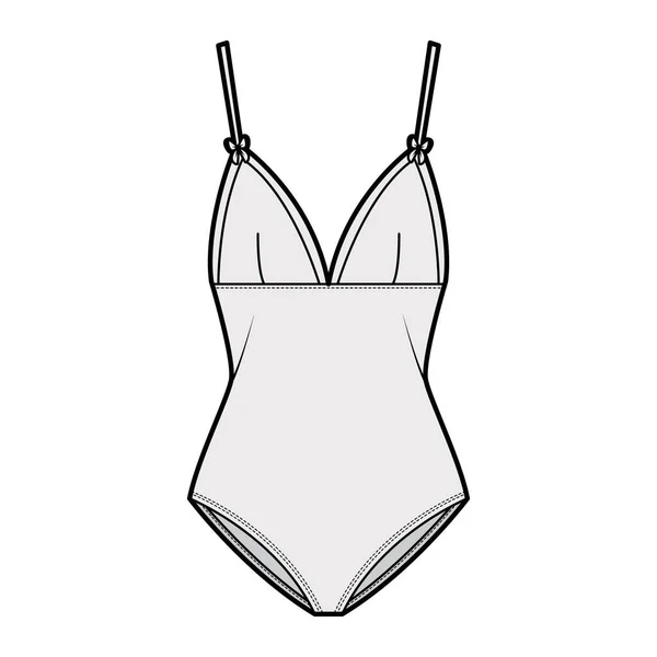 Bodysuit teknisk mode illustration med justerbara axelremmar, medium-täckning trosor. Platt simning och underkläder — Stock vektor