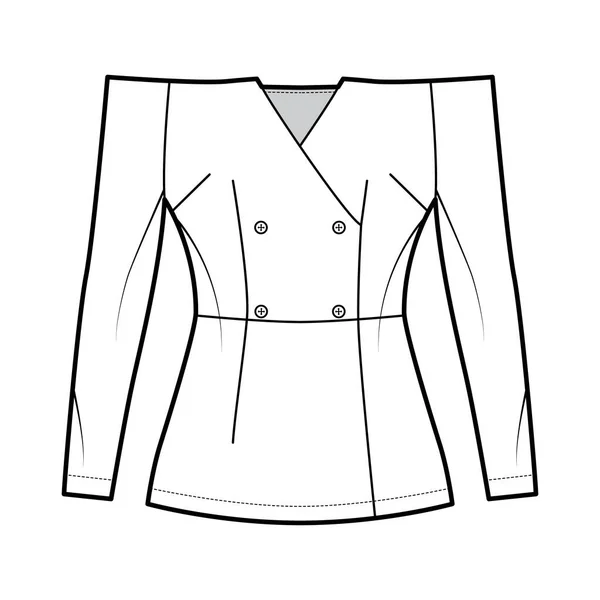 Illustration de mode technique à double boutonnage off-the-shoulder avec silhouette ajustée, manches longues, ouverture bouton — Image vectorielle