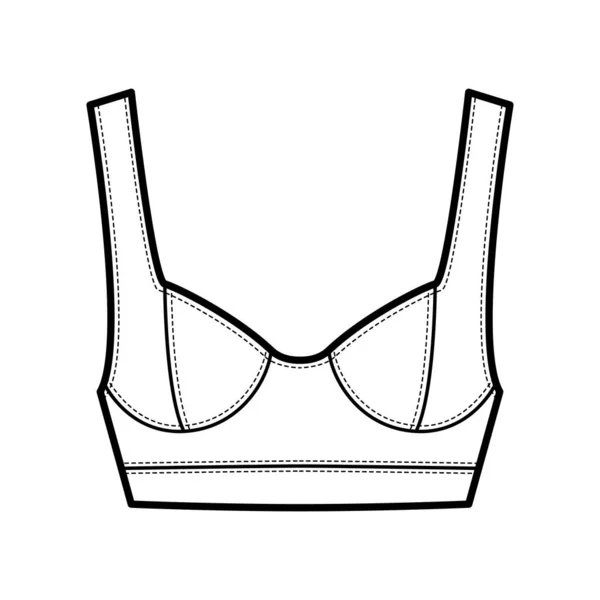 Bijou cropped bustier top illustration de mode technique avec bandoulière large, gobelets moulés incurvés, coupe étroite. — Image vectorielle