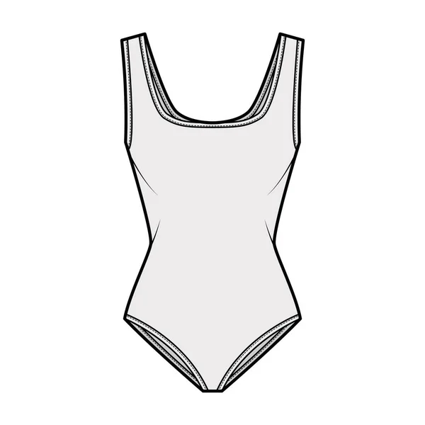 Stretch bodysuit teknisk mode illustration med fyrkantig halsringning, breda remmar, medium kort täckning. Platta ett stycke — Stock vektor