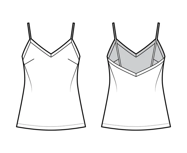 Illustration de mode technique camisole avec col en V, bretelles spaghetti, coupe décontractée, longueur tunique. Réservoir de vêtements plat — Image vectorielle