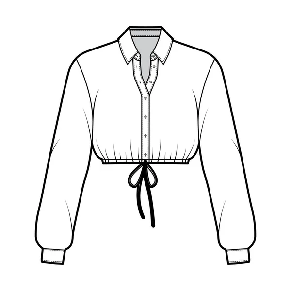 Camicia ritagliata illustrazione tecnica di moda con colletto base, maniche lunghe, orlo con coulisse, chiusura frontale con bottoni — Vettoriale Stock