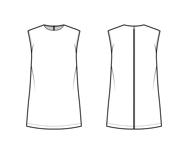 Cady túnica técnica moda ilustração com decote da tripulação, sem mangas, oversized, fecho de correr traseiro, bainha alongada — Vetor de Stock