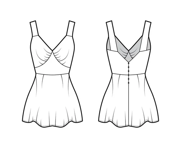 Camisole slip top technische mode illustratie met lieverd nek, brede bandjes, slanke pasvorm, langwerpige peplum zoom. Vlak — Stockvector