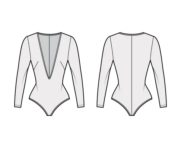 Ilustração técnica da forma do bodysuit do estiramento-jersey com mergulho V-neck, mangas longas, fecho de correr traseiro que fixa uma peça —  Vetores de Stock