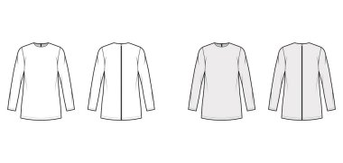 Takım yakalı, uzun kollu, geniş kollu, fermuarlı, uzun kenarlı Cady tunic moda illüstrasyonu.