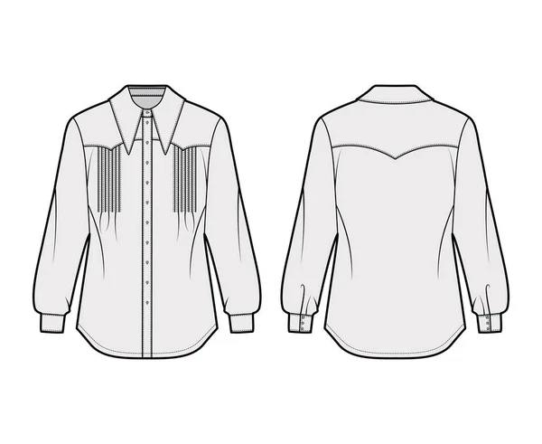 긴 소매, 단추 고정, 과도 한 칼라를 갖춘 서부 영감의 셔츠 기술 패션 일러스트 — 스톡 벡터