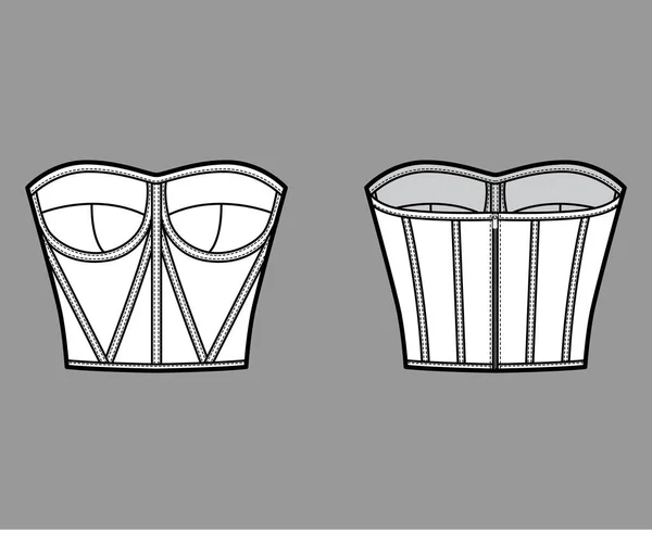 Illustration de mode technique bustier style corset avec gobelets moulés, coupe étroite, fermeture zip arrière, longueur recadrée — Image vectorielle